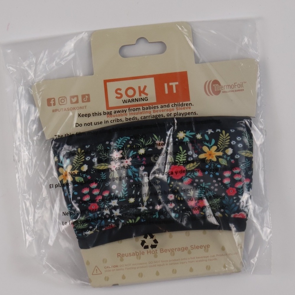 Sok It Unisex Reusable Hot Beverage Sleeve JavaSok Floral Black NWT